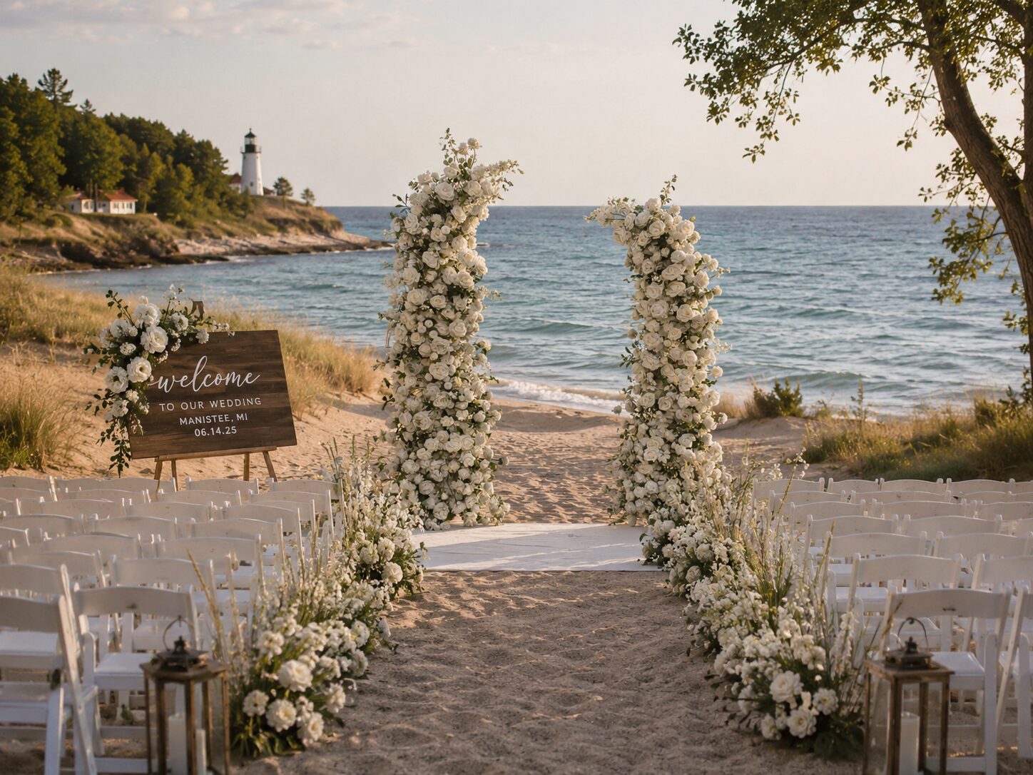 White floral wedding arch rental on a Lake Michigan beach in Manistee, Michigan